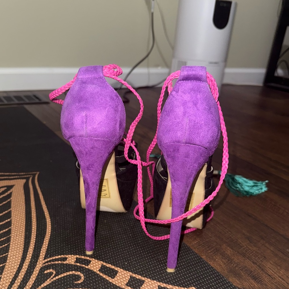 Vibrant Purple and Black Women's Suede Heels